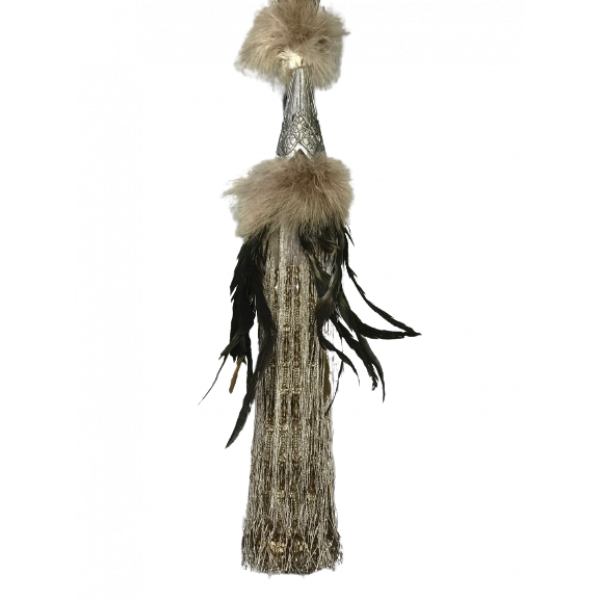 Pair Curtain Tie Back - 50cm Tassel with Feathers and Beads - Taupe