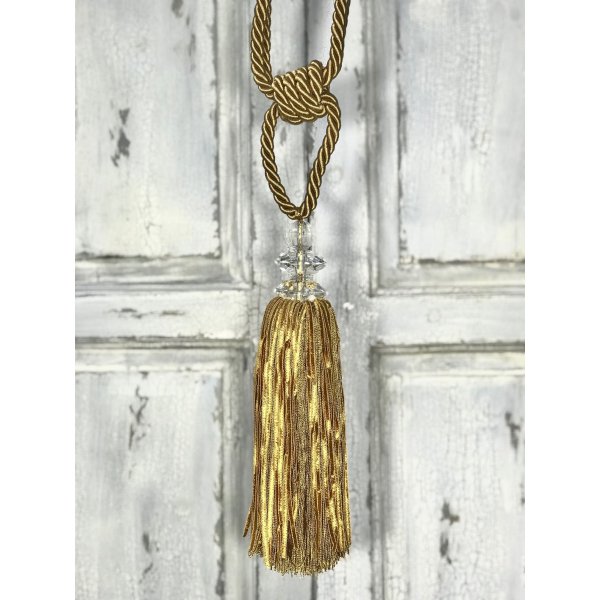 Pair Curtain Tie Back - 25cm Tassel with double faceted glass top - Gold