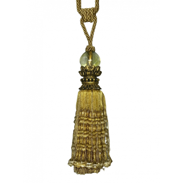 Pair Curtain Tie Back - 26cm Tassel with gold top - Olive Green 