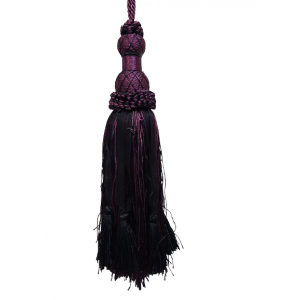 Tassel with Woven Top - Dark Purple / Black Ribbons 19cm
