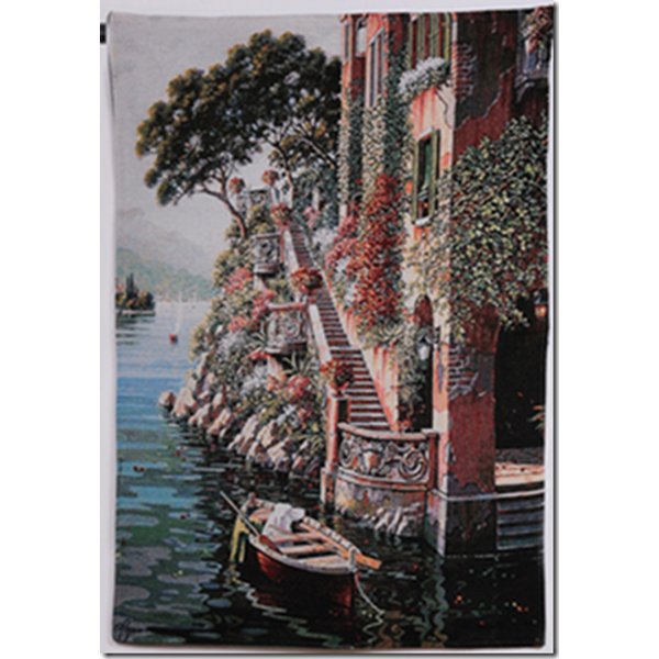 Jacquard tapestry with backing and rod insert 110cm x 70cm - European lakeside country stairs with boat