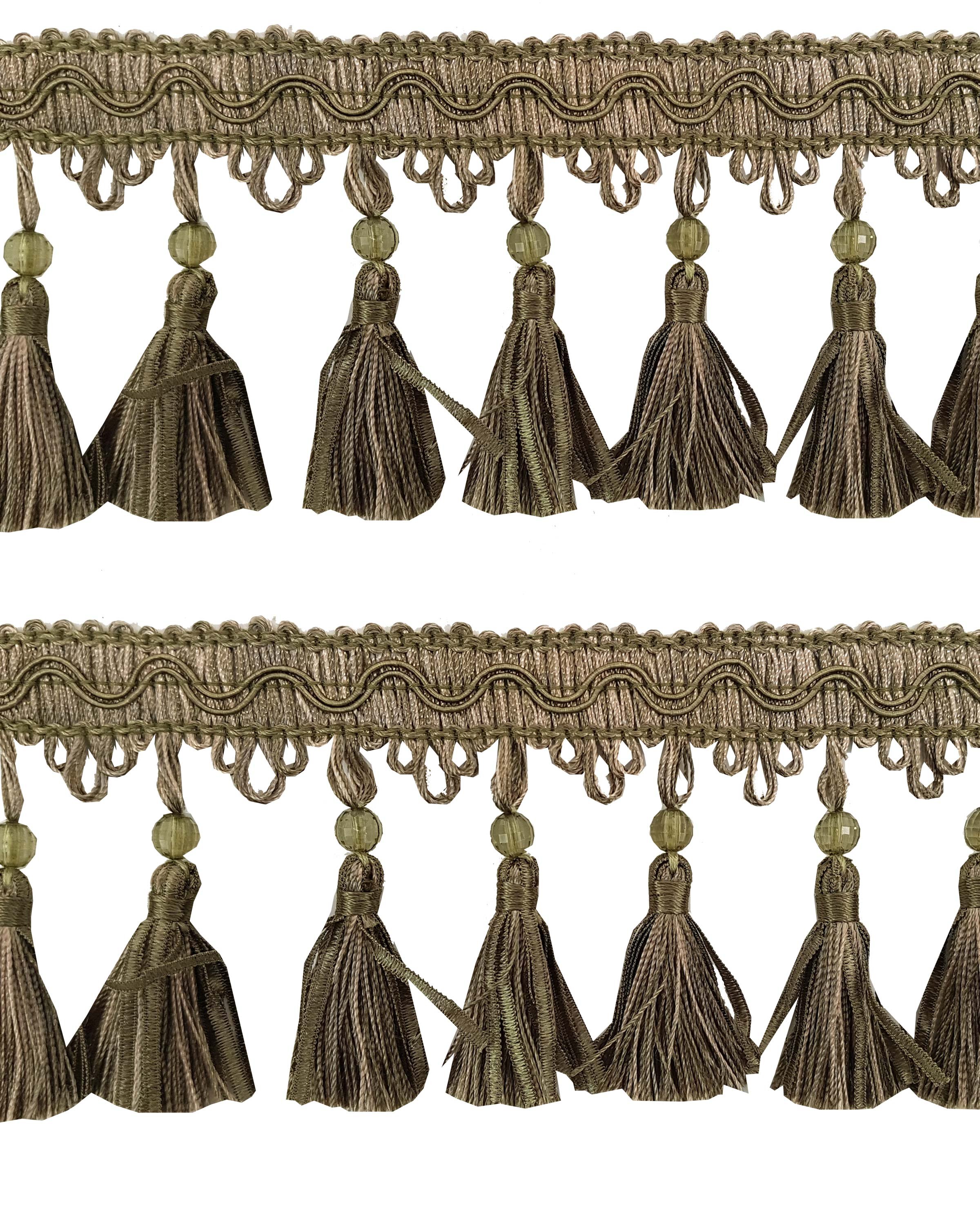 Fringe Tassels with Beads/Ribbons - Olive Green / Gold 90mm Price is per 5 metres