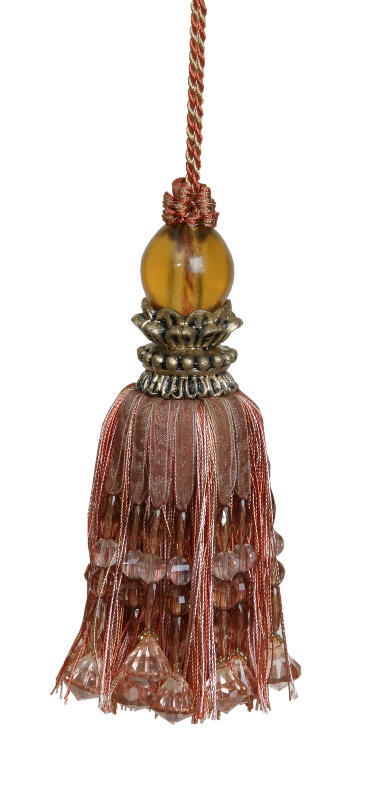 Tassel with Round Bead Fancy Top - Amber / Gold 18cm