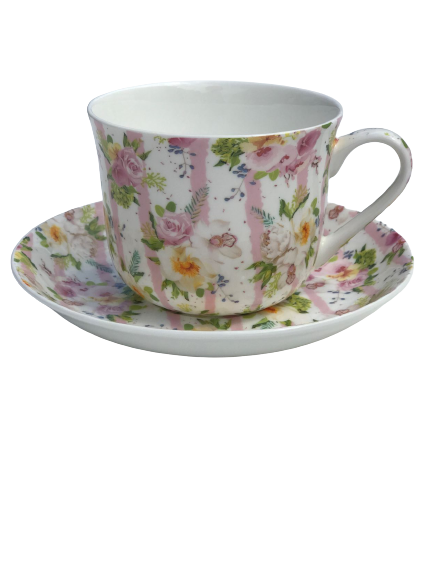 Breakfast Cup and Saucer Set Fine China NEW Gift Boxed Pink Bouquet 500ml 17.5oz 