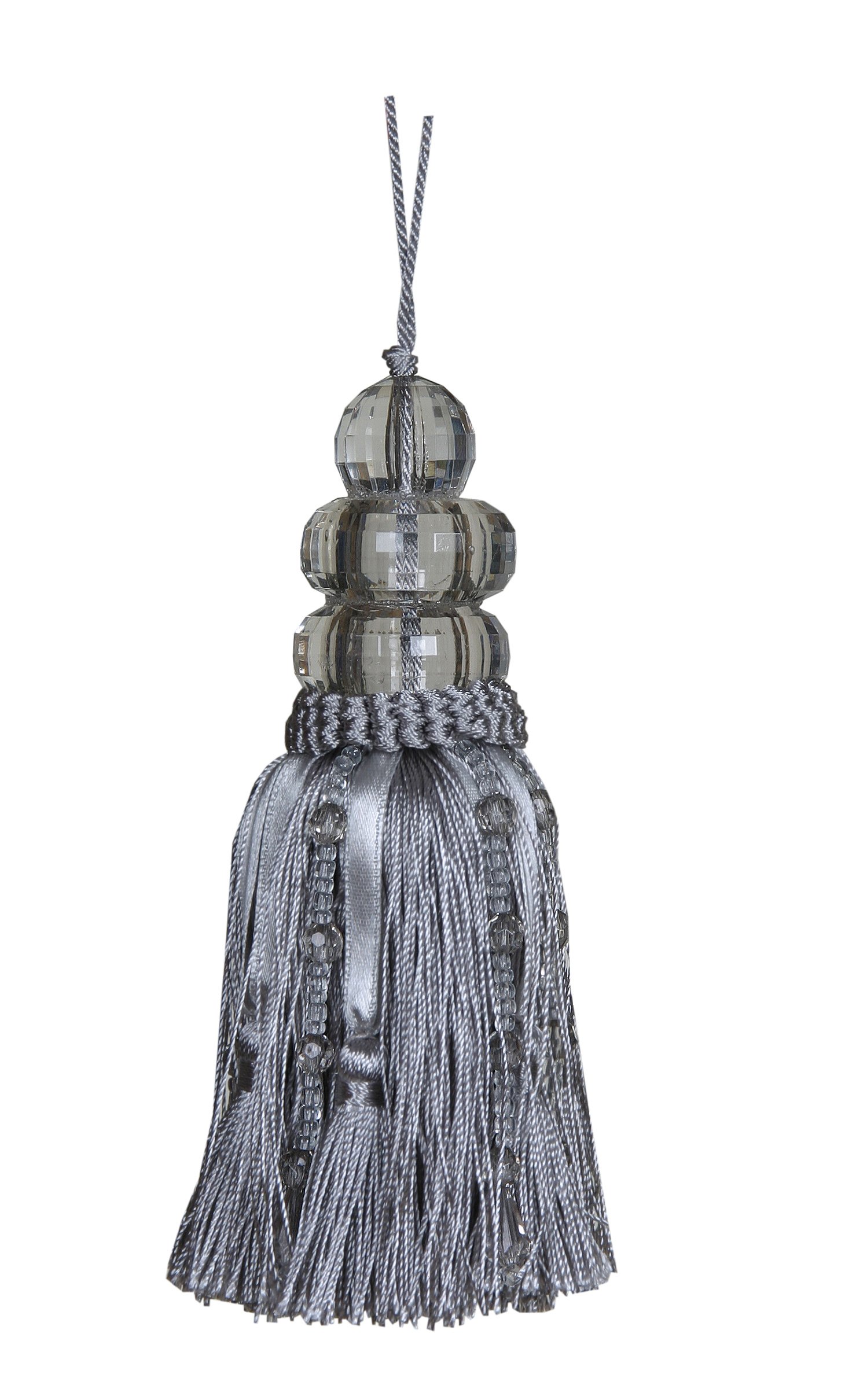 Tassel with Triple Beaded Top and ribbons - French Silvery Blue 14cm
