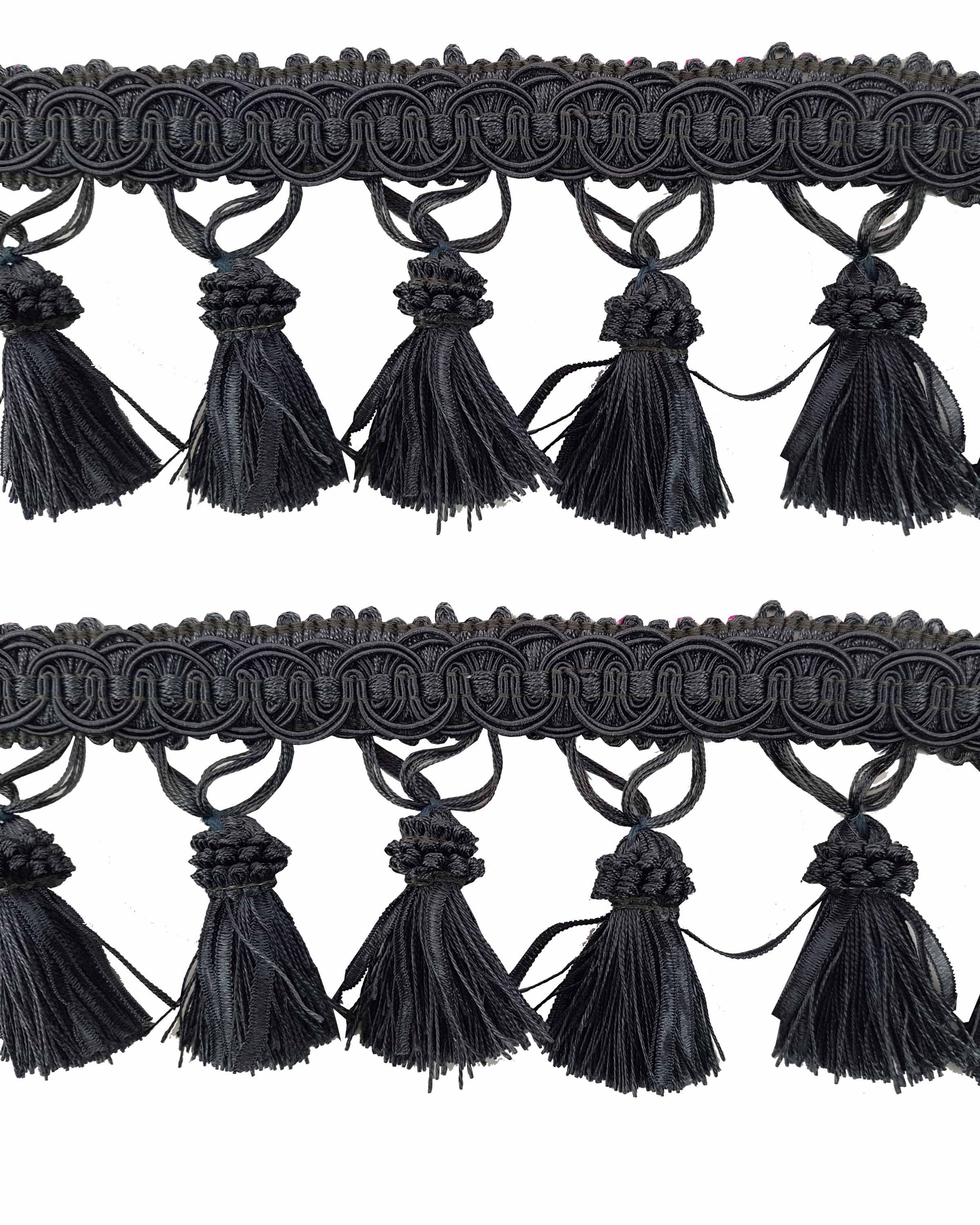 Fringe Tassels with Ribbons, Chunky Style - Charcoal Grey 90mm drop Price is per 5 metres