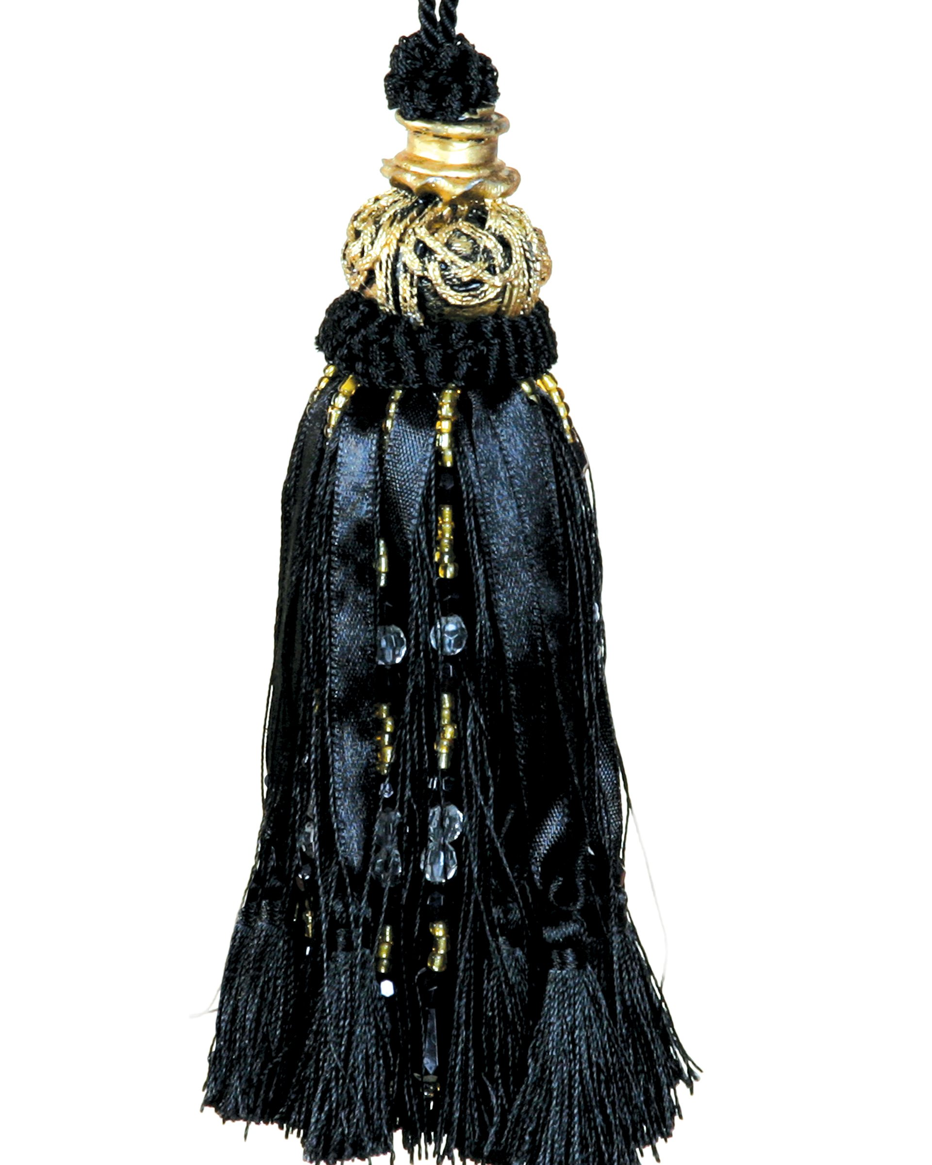 Tassel with Beads/Ribbons - BLACK/GOLD 17cm