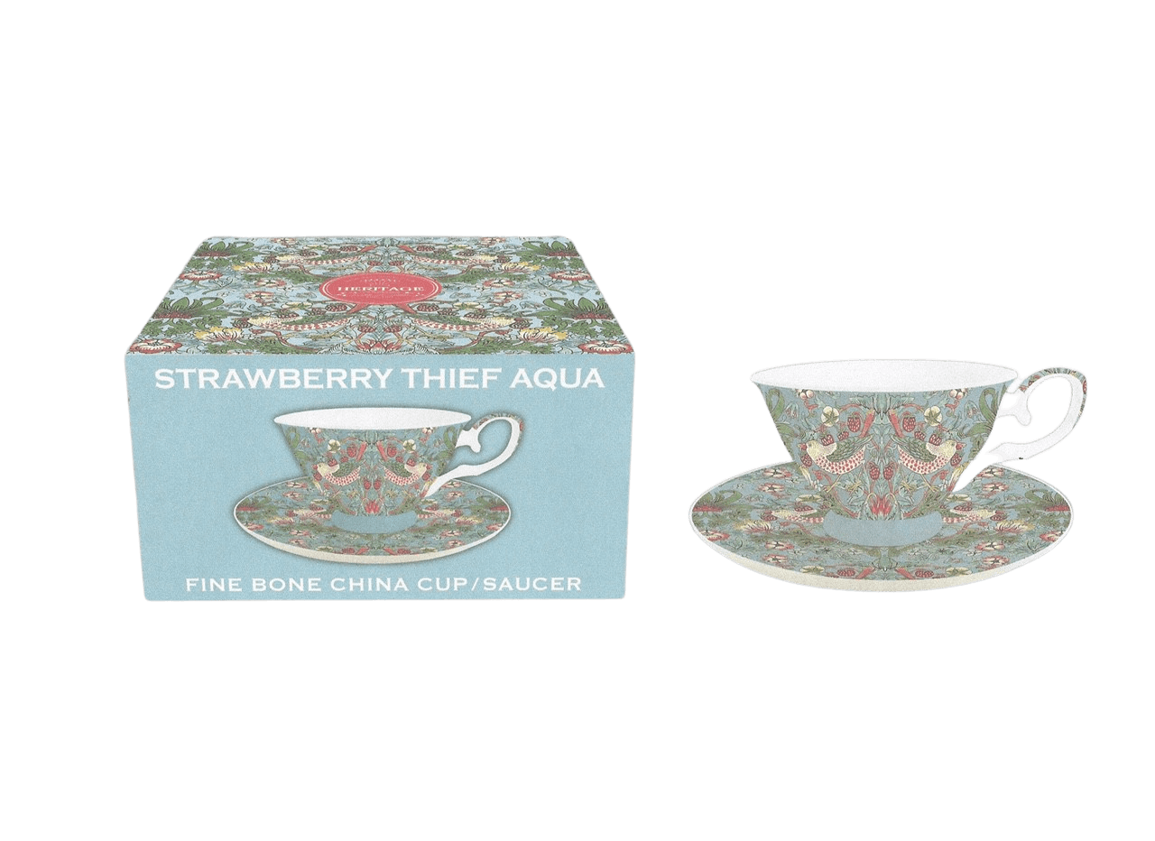 Cup and Saucer Heritage Brand Fine China Strawberry Thief Aqua Design 200ml 7oz