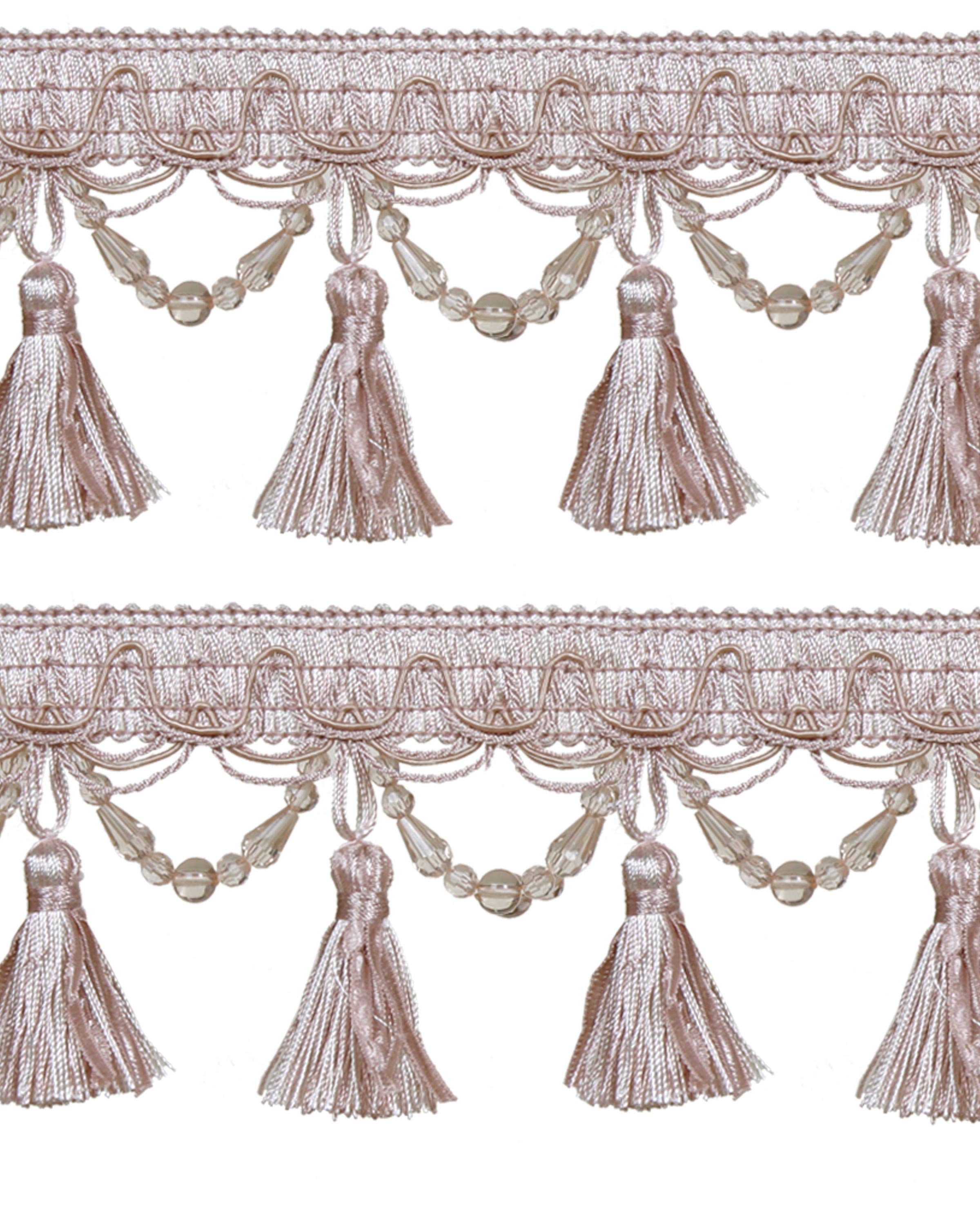 Fringe Tassels with Scalloped Bead Drop - Pink / Cream 90mm Price is per 5 metres