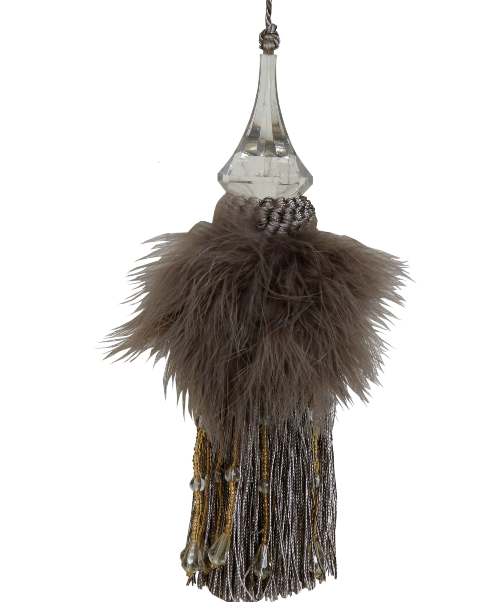 Tassel with Feathers and Beaded Fringing - Mocha Brown 20cm