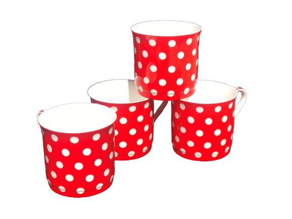 White Dot on Red Design Set of 4 mugs NEW Heritage Brand 300ml 10.5 oz ea