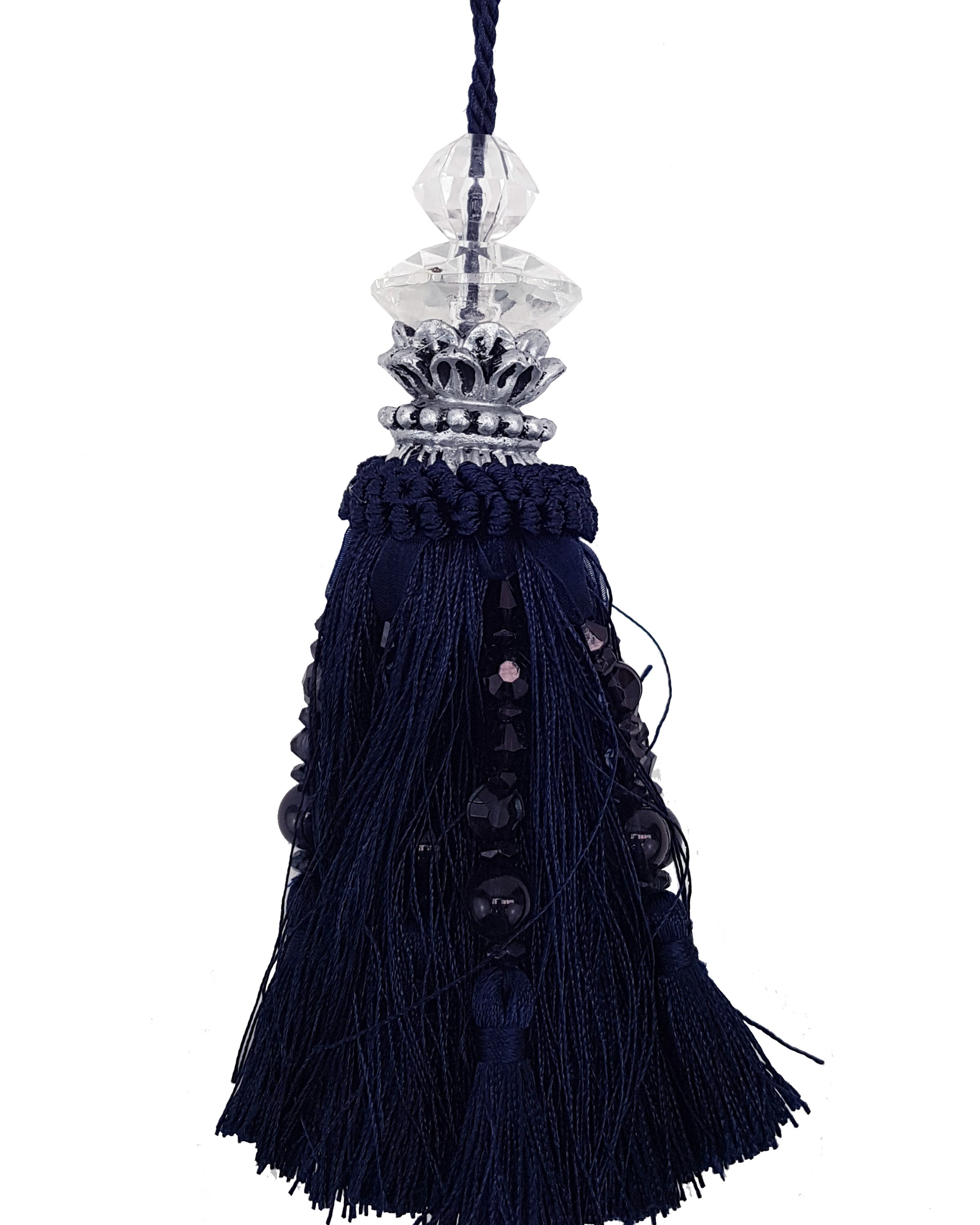 Tassel with Silver and Faceted Glass Top with beads - Navy Blue 19cm