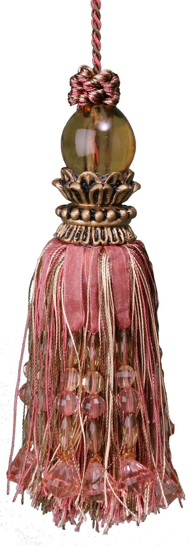 Tassel with beads and ribbons - Dark Pink / Olive  17cm