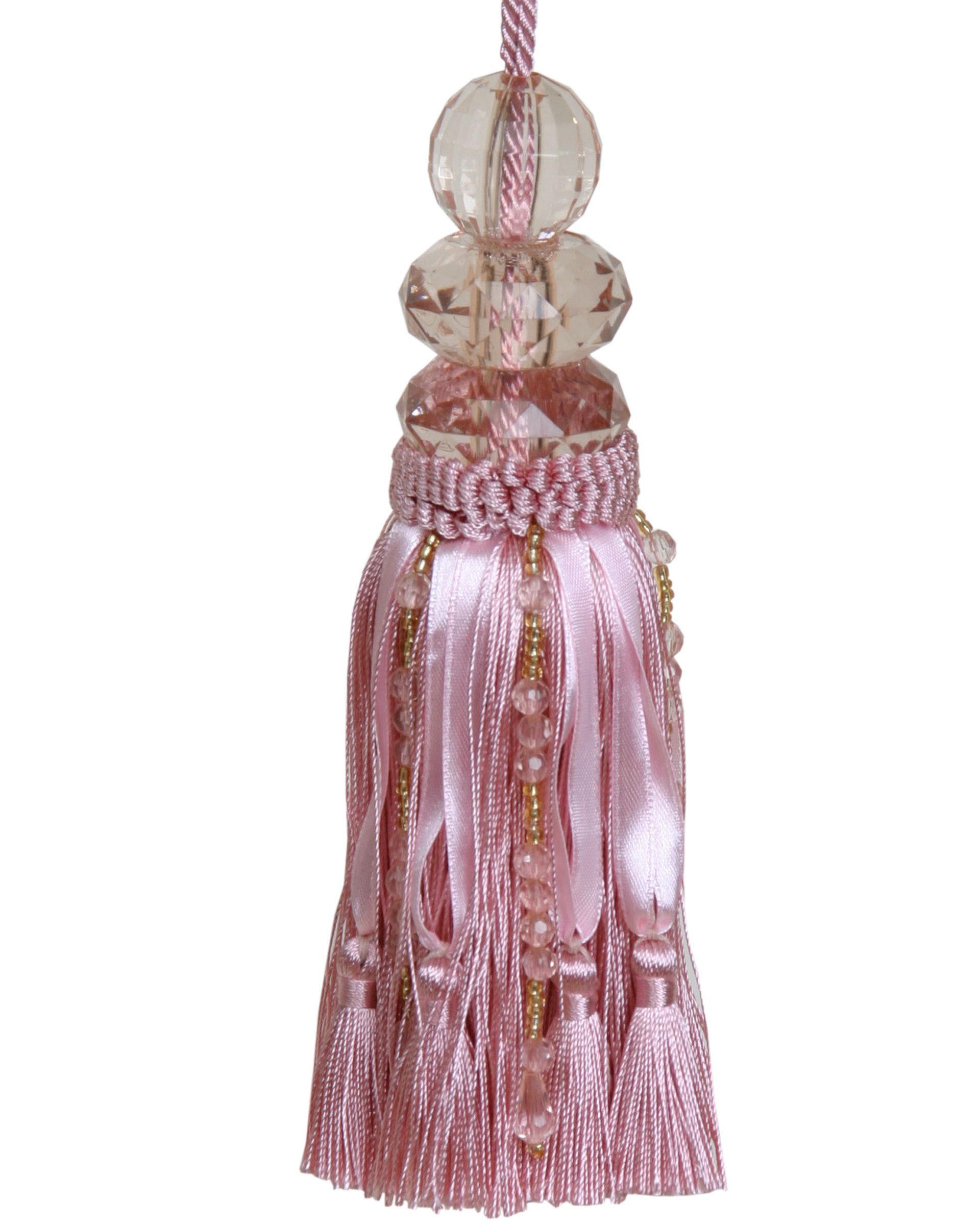 Large Tassel with Double Beaded Top and ribbons - Pink 17cm