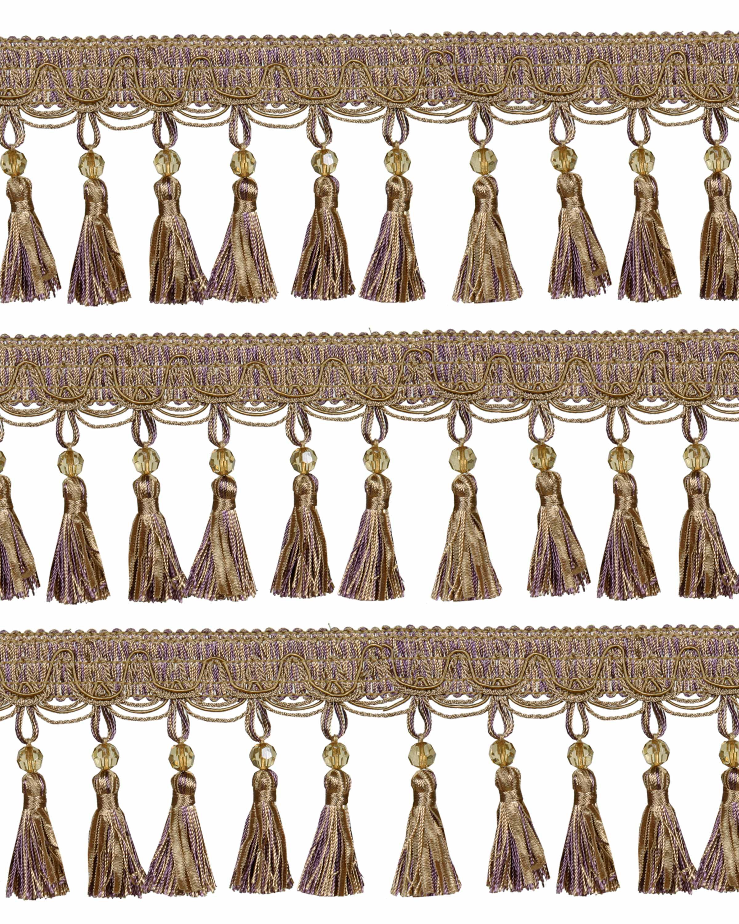Fringe Tassels with Beads/Ribbons - Purple Gold 90mm Price is per 5 metres
