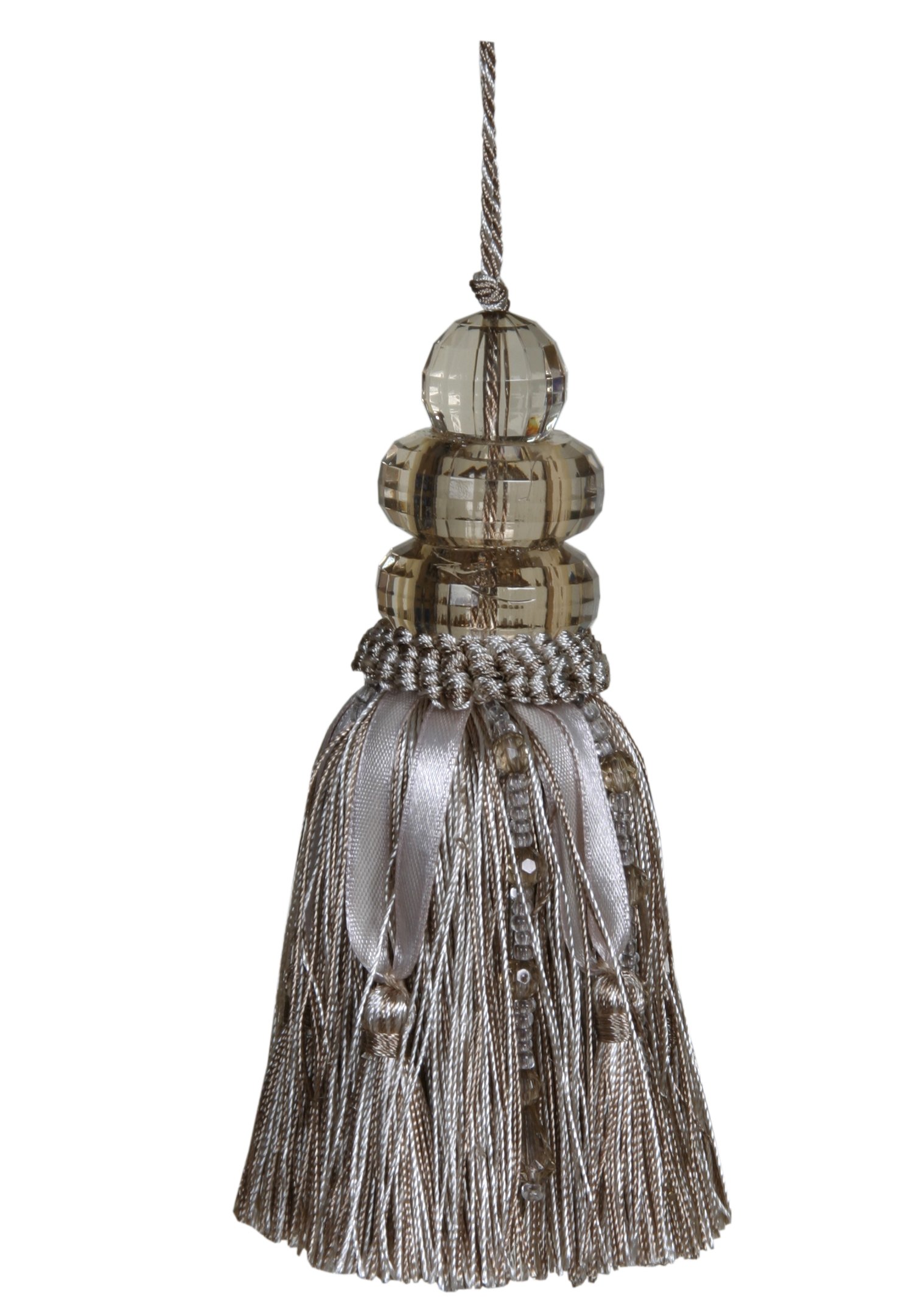 Tassel with Triple Beaded Top and ribbons - Beige 14cm