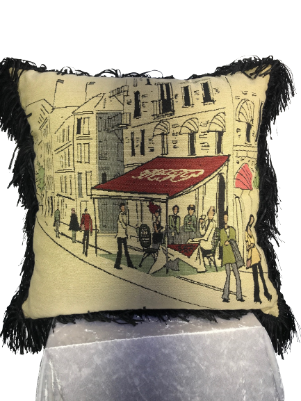 Pair of Jacquard cushion covers 45cm x 45cm - French Street Scene design trimmed with Black ruche