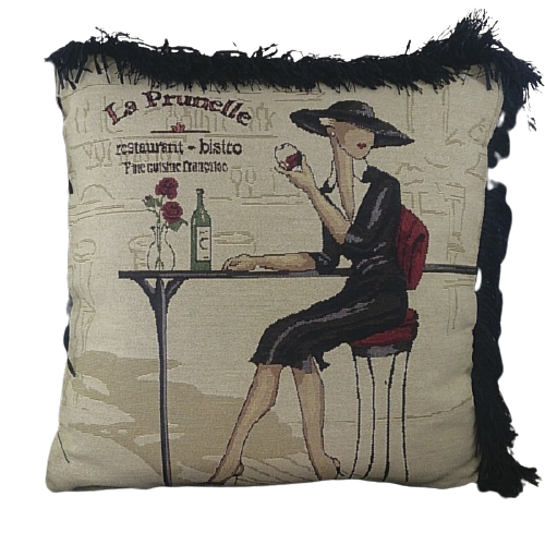 Pair of Jacquard cushion covers 45cm x 45cm - French Cafe design trimmed with Black ruche