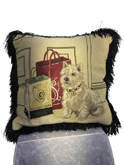 Pair of Jacquard cushion covers 45cm x 45cm - Westie Dog design trimmed with black ruche