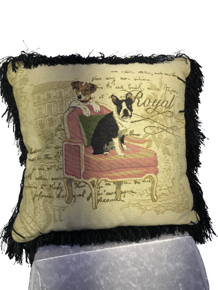 Pair of Jacquard cushion covers 45cm x 45cm - Royal Puppies on Chaise Lounge design trimmed with Black ruche