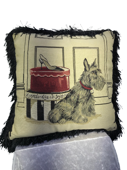 Pair of Jacquard cushion covers 45cm x 45cm - Scottie Dog design trimmed with black ruche