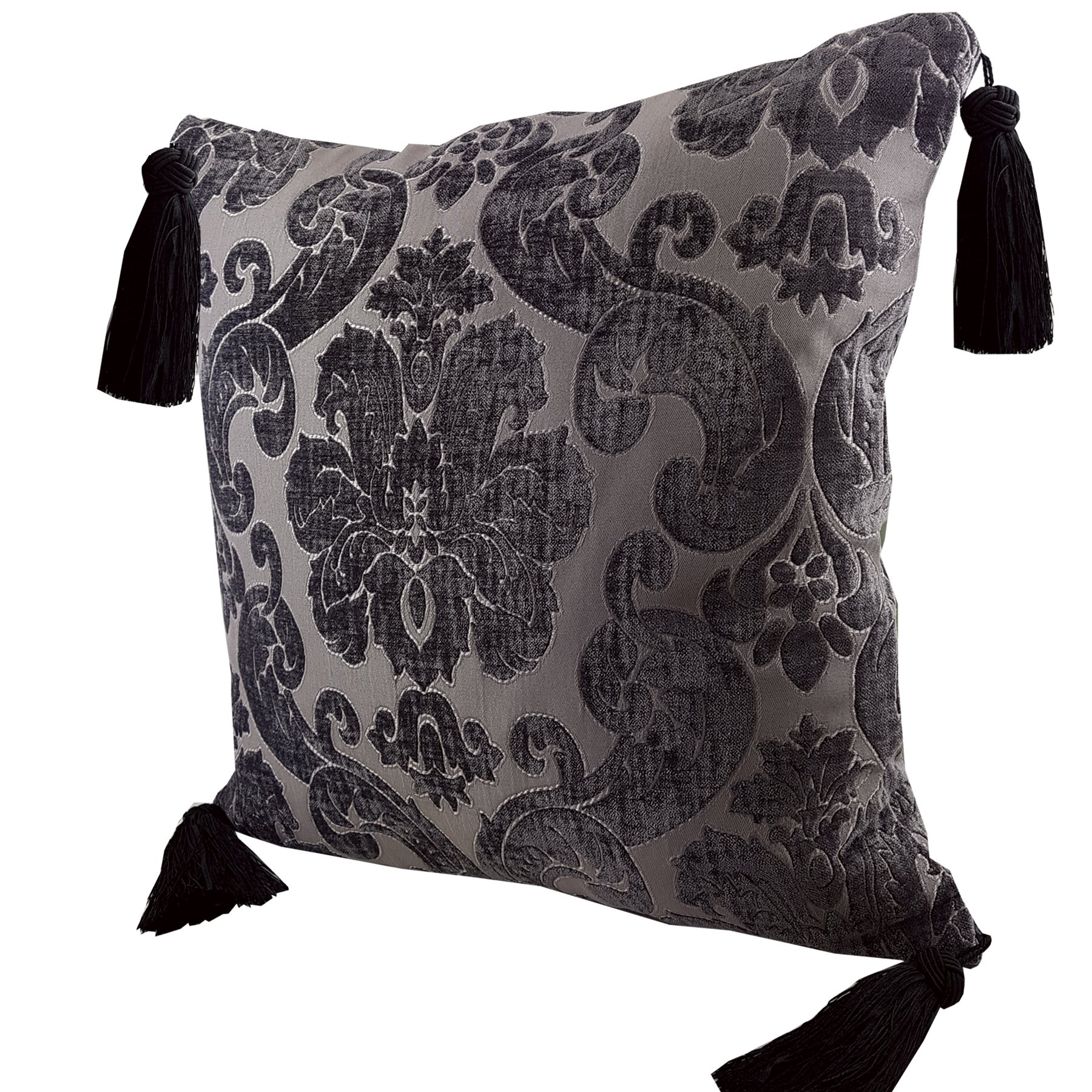 Pair of Chenille cushion covers 45cm x 45cm - French Silver / Aubergine colour with Black Turks Head tassels