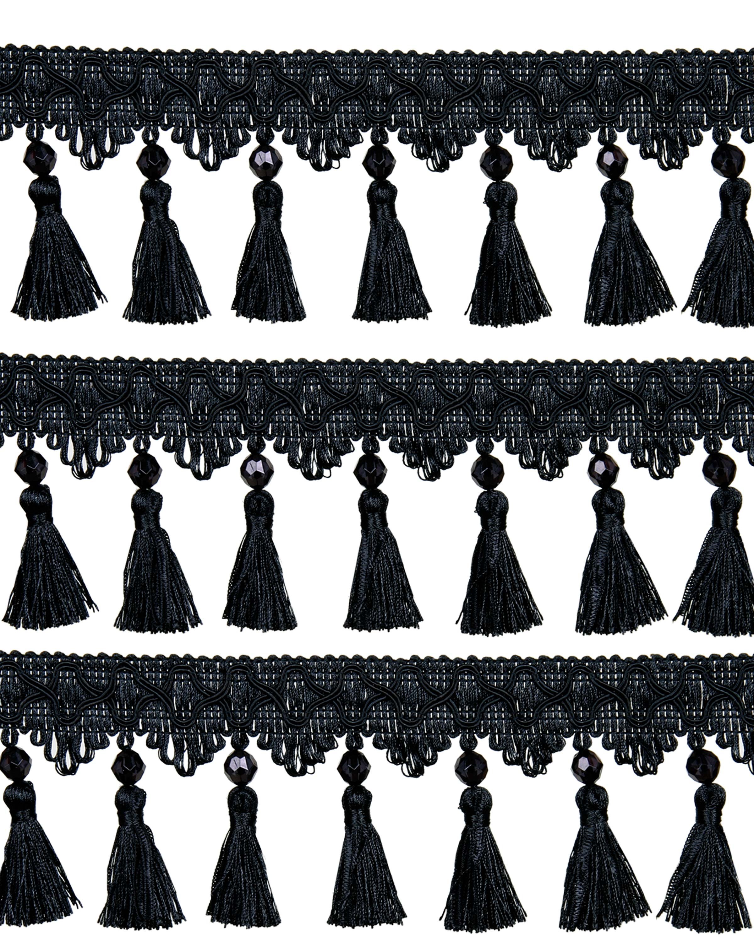 Fringe Tassels with Beads/Ribbons - Black 90mm Price is per 5 metres