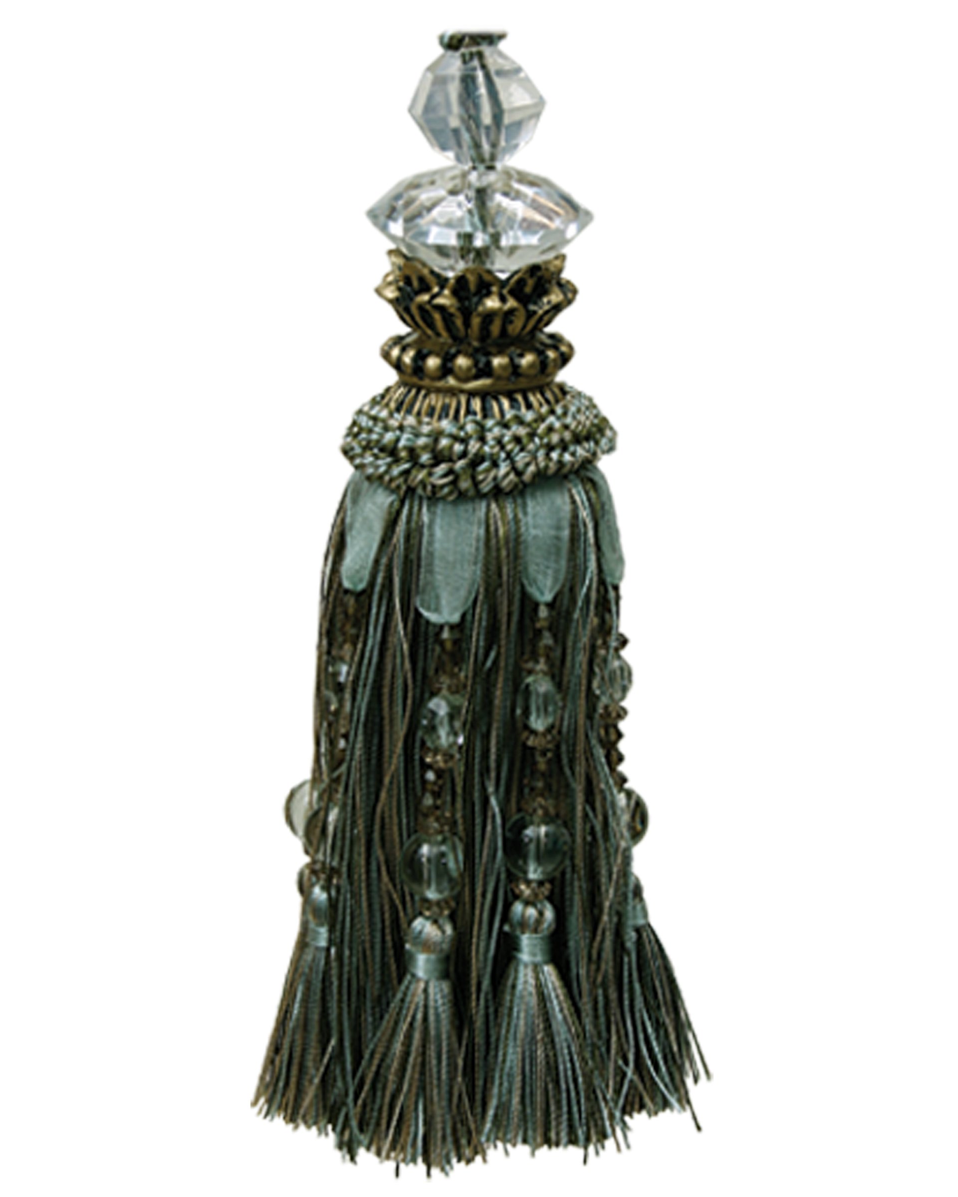 Tassel with Faceted Glass Top and Beads - Olive 18cm