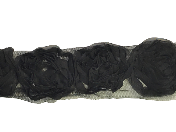 Large Rose Ruffle Trim on Tulle (Hand dyed) - Black 7cm flower Price is for 5 metres