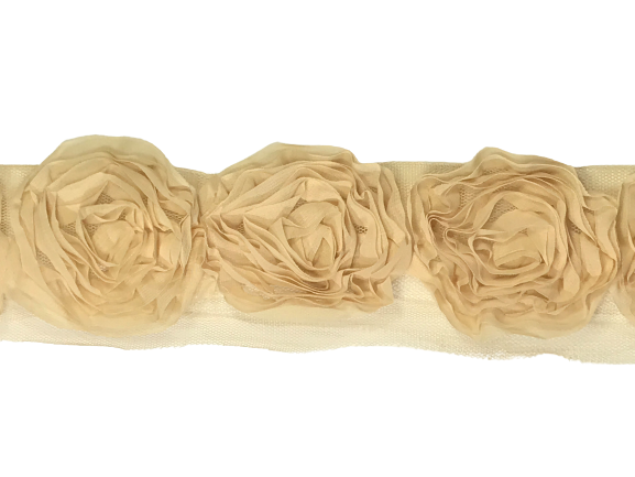 Large Rose Ruffle Trim on Tulle (Hand dyed) - Beige 5cm flower Price is for 5 metres 