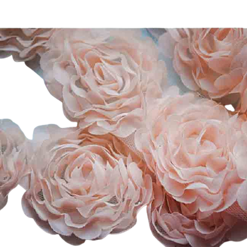 Large Rose Ruffle Trim on Tulle (Hand dyed) - Pale Pink 20mm flower Price is for 5 metres 