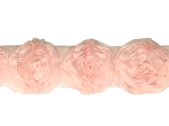 Rose Double Trim on Tulle (Hand dyed) - White 20mm flower Price is for 5 metres