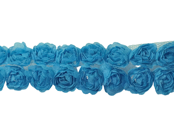 Rose Double Trim on Tulle (Hand dyed) - Blue 20mm flower Price is for 5 metres