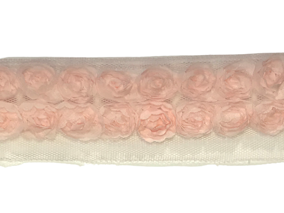 Rose Double Trim on Tulle (Hand dyed) - Pale Pink 20mm flower Price is for 5 metres