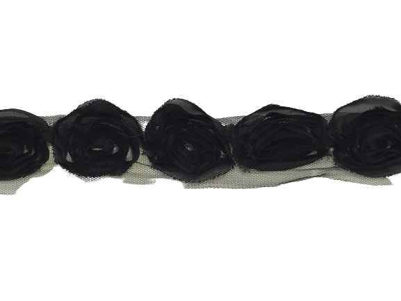 Rose Ruffle Trim on Tulle (Hand dyed) -  black 50mm flower Price is for 5 metres