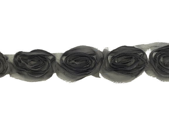 Rose Ruffle Trim on Tulle (Hand dyed) - Silver Grey 50mm flower Price is for 5 metres 