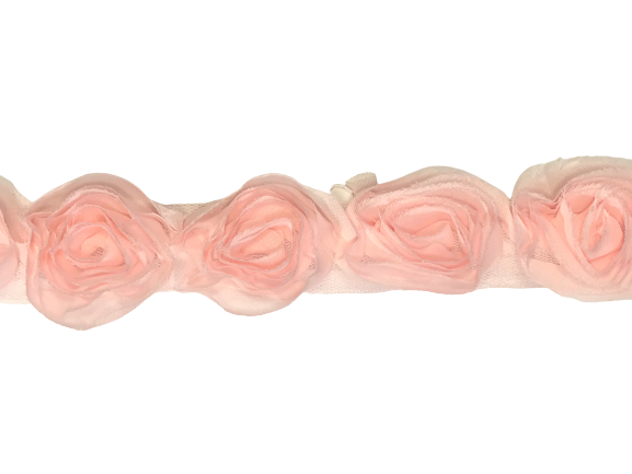 Rose Ruffle Trim on Chulle (Hand dyed) - Pale Pink 50mm flower Price is for 5 metres