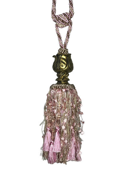 Pair 2 pieces Curtain Tie Backs - 30cm Tassel with fancy fringe and beads - Pink/ Pale Gold