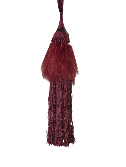 Pair 2 pieces Curtain Tie Backs - 30cm Tassel with Feathers and Long Beaded Fringing - Red Wine