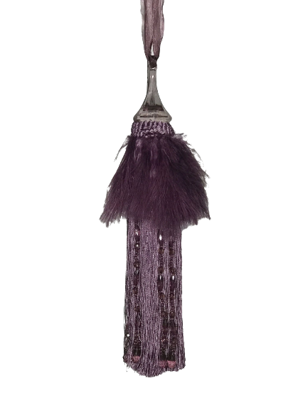 Pair 2 pieces Curtain Tie Backs - 30cm Tassel with Feathers and Long Beaded Fringing - Deep Purple