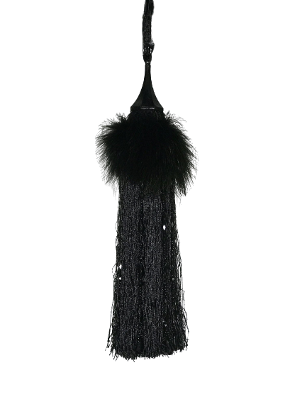 Pair 2 pieces Curtain Tie Backs - 30cm Tassel with Feathers and Long Beaded Fringing - Black
