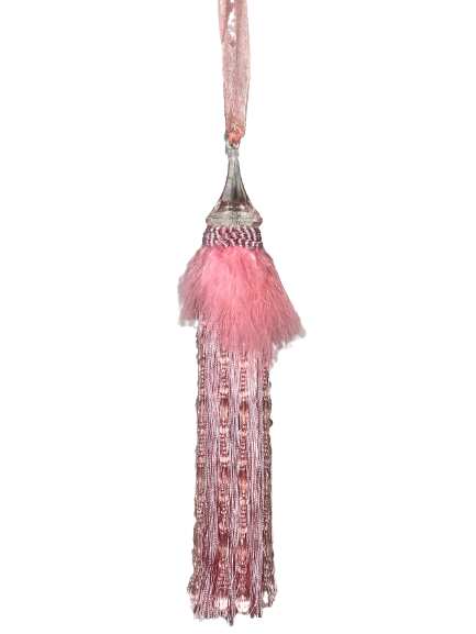 Pair 2 pieces Curtain Tie Backs - 30cm Tassel with Feathers and Long Beaded Fringing - Pale Pink