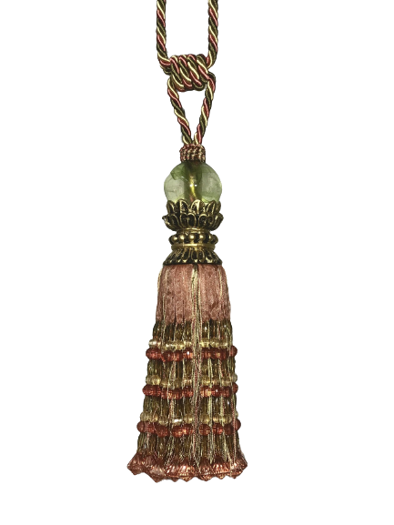 Pair 2 pieces Curtain Tie Backs - 33cm Tassel with Beads/Ribbons and Glass Top - Dark Pink / Olive