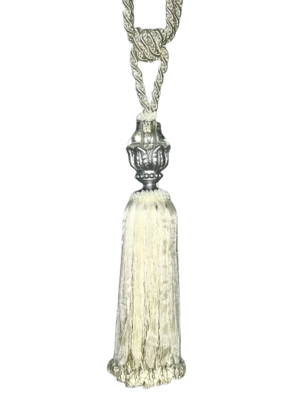 Pair Curtain Tie Back - 30cm Tassel with Glass and Gold Top and Ribbons - Cream
