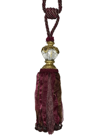 Pair 2 pieces Curtain Tie Backs - 30cm Tassel with Faceted Glass Top - Red Wine