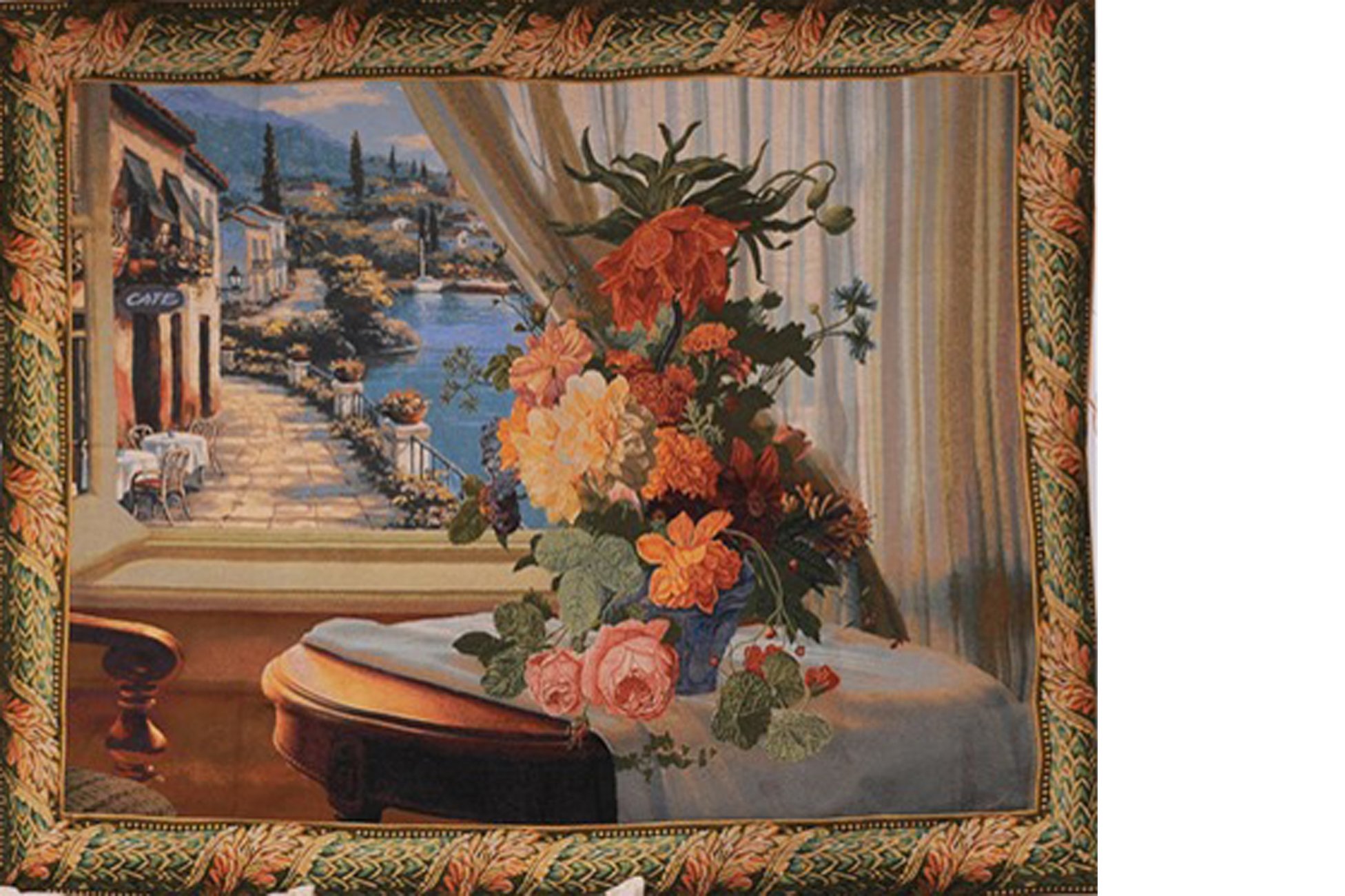 Jacquard tapestry with backing and rod insert 125cm x 157cm - European framed Tuscan view from window