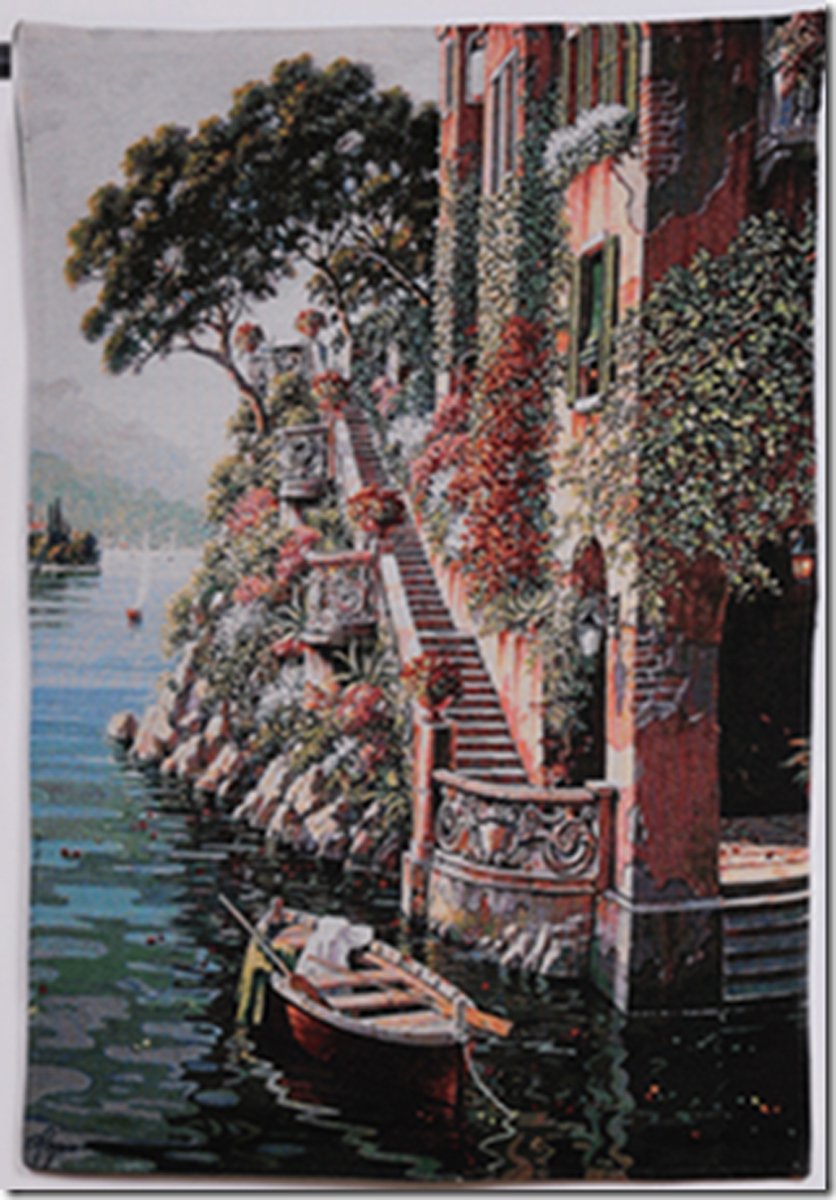 Jacquard tapestry with backing and rod insert 110cm x 70cm - European lakeside country stairs with boat